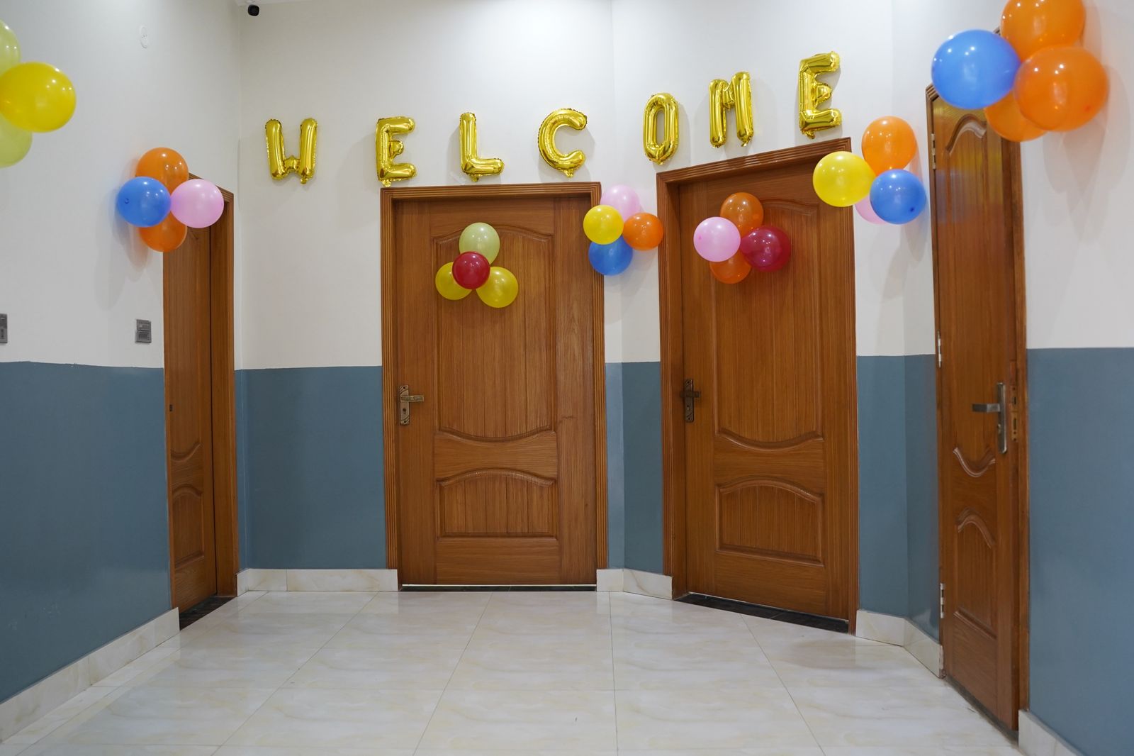 Decorated welcome corridor with classroom doors